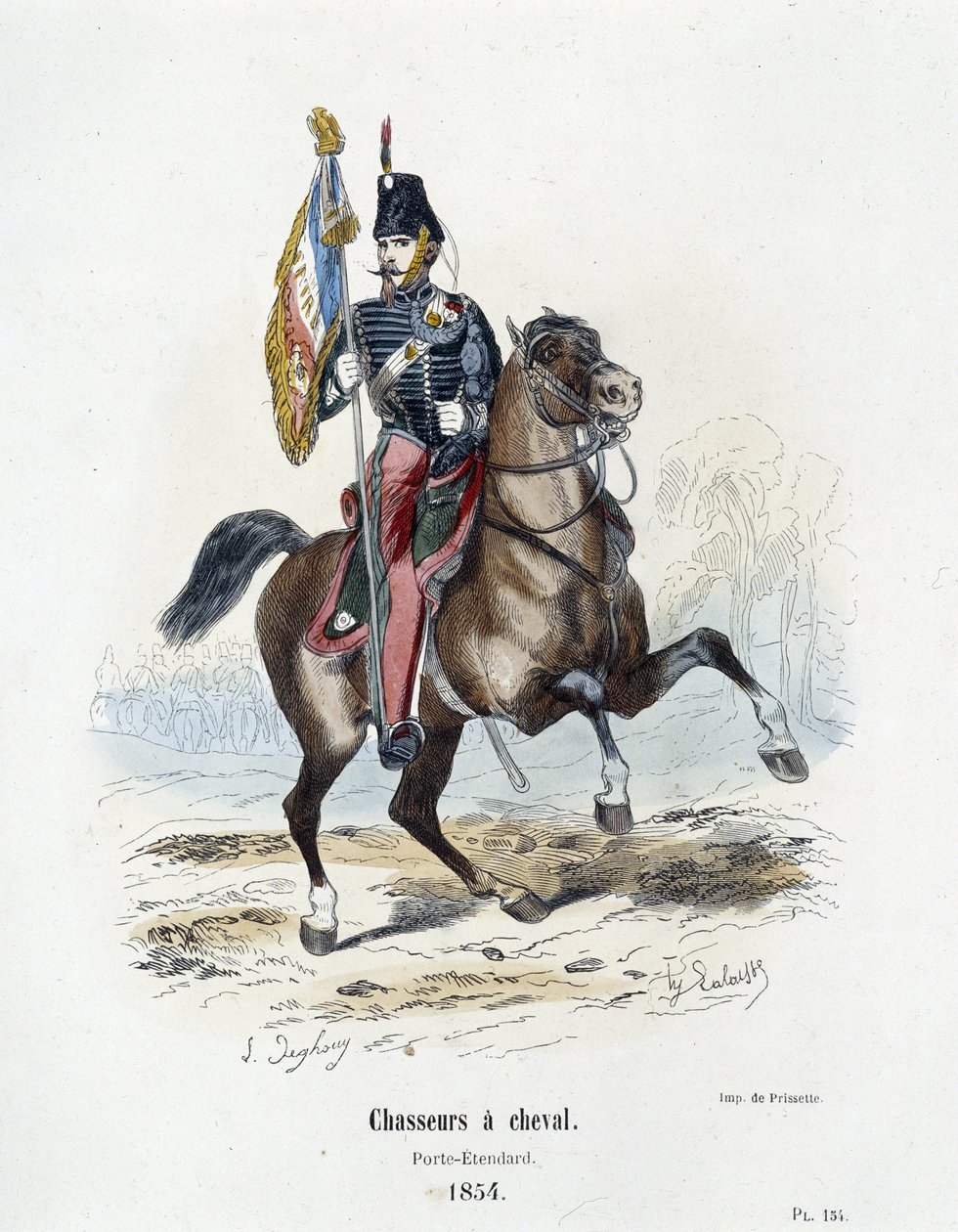 马背上的猎人：Porte - Etendard 于 1854 年 - 在 A. Barbier 的“军队历史”中 作者 法语学校