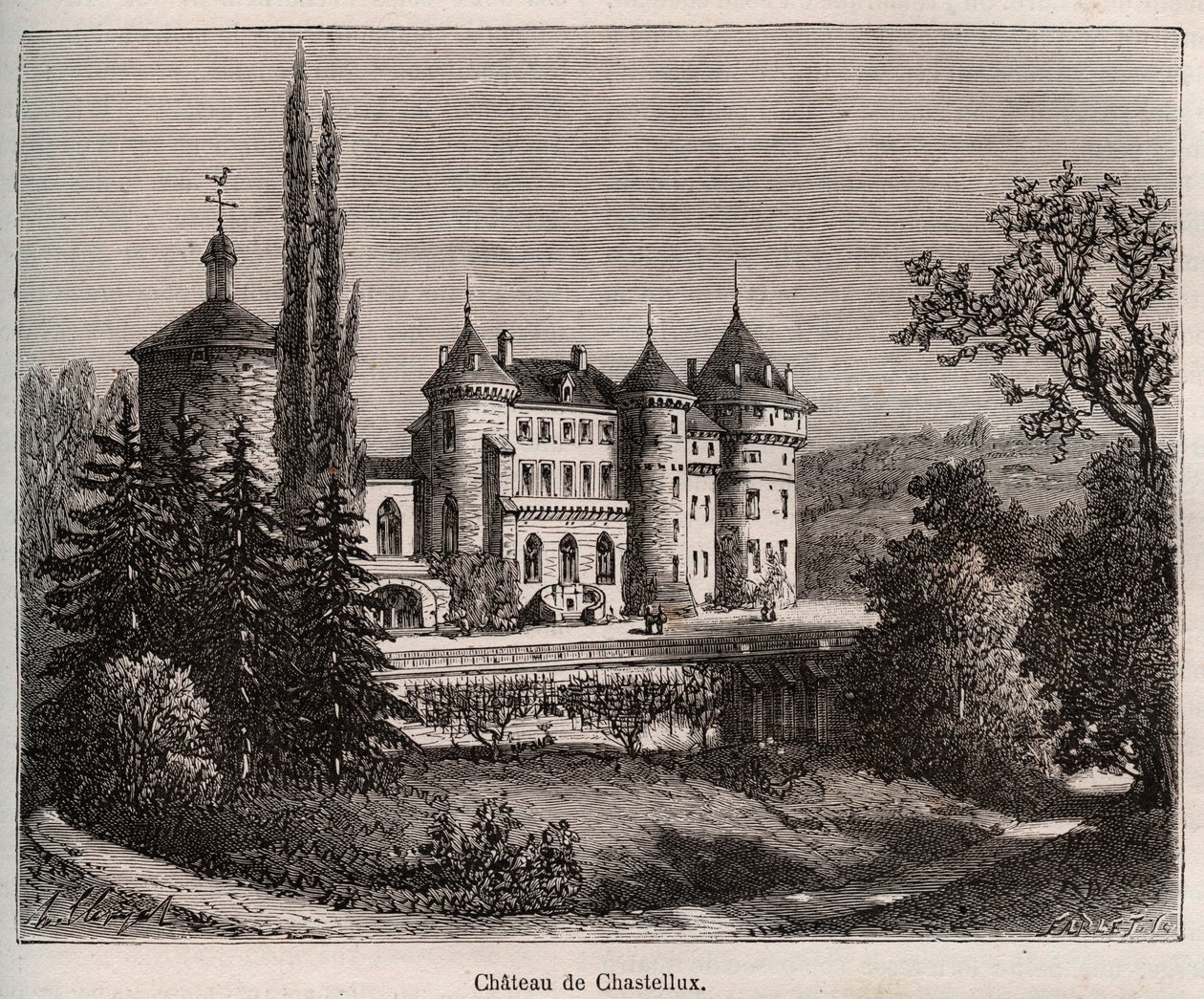 Chastellux城堡--Chastellux sur cure，勃艮第--V.-A.的 "La France illustree: geography, history, statistical administration "中的雕刻作品。Malt-Brown著。1884 作者 法语学校