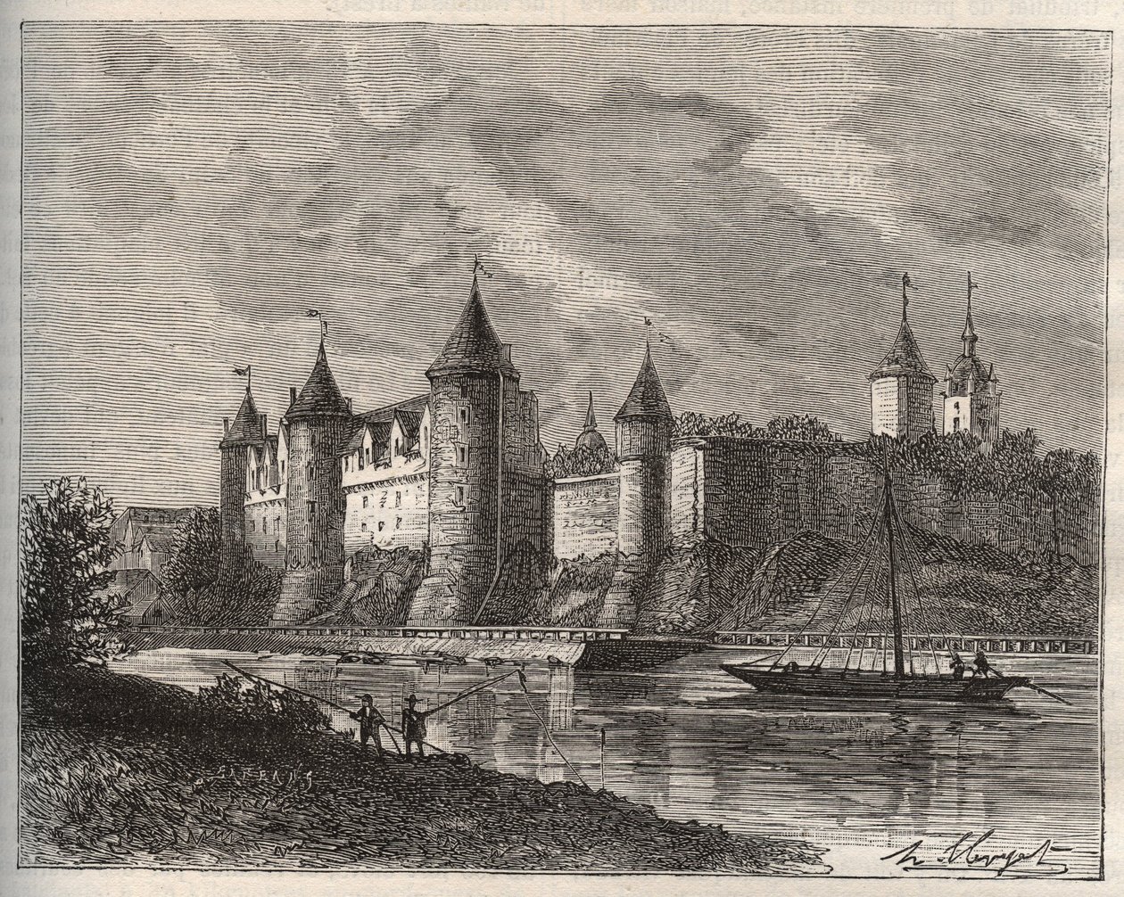 Josselin城堡--布列塔尼的莫尔比昂省--V.A. Malt-Brown的 "La France illustree: geography, history, statistical administration "中的雕刻。1884 作者 法语学校