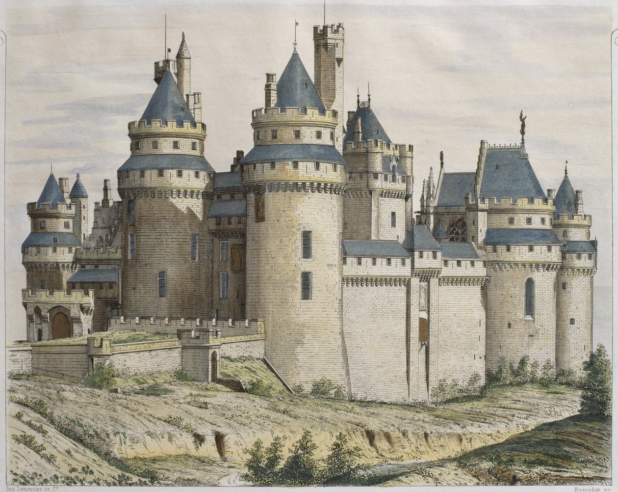 Chateau de Pierrefonds，Moniteur des architectes的插图，由Bosredon雕刻（彩色雕刻） 作者 法语学校