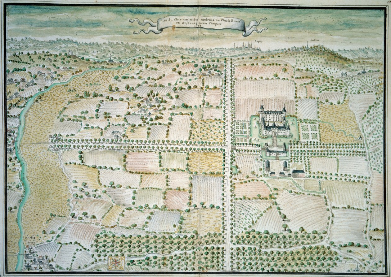 Chateaux de la Loire：“Plessis Bourre城堡的景色””法国画派水彩画。 1699 年巴黎，B.N. 作者 法语学校