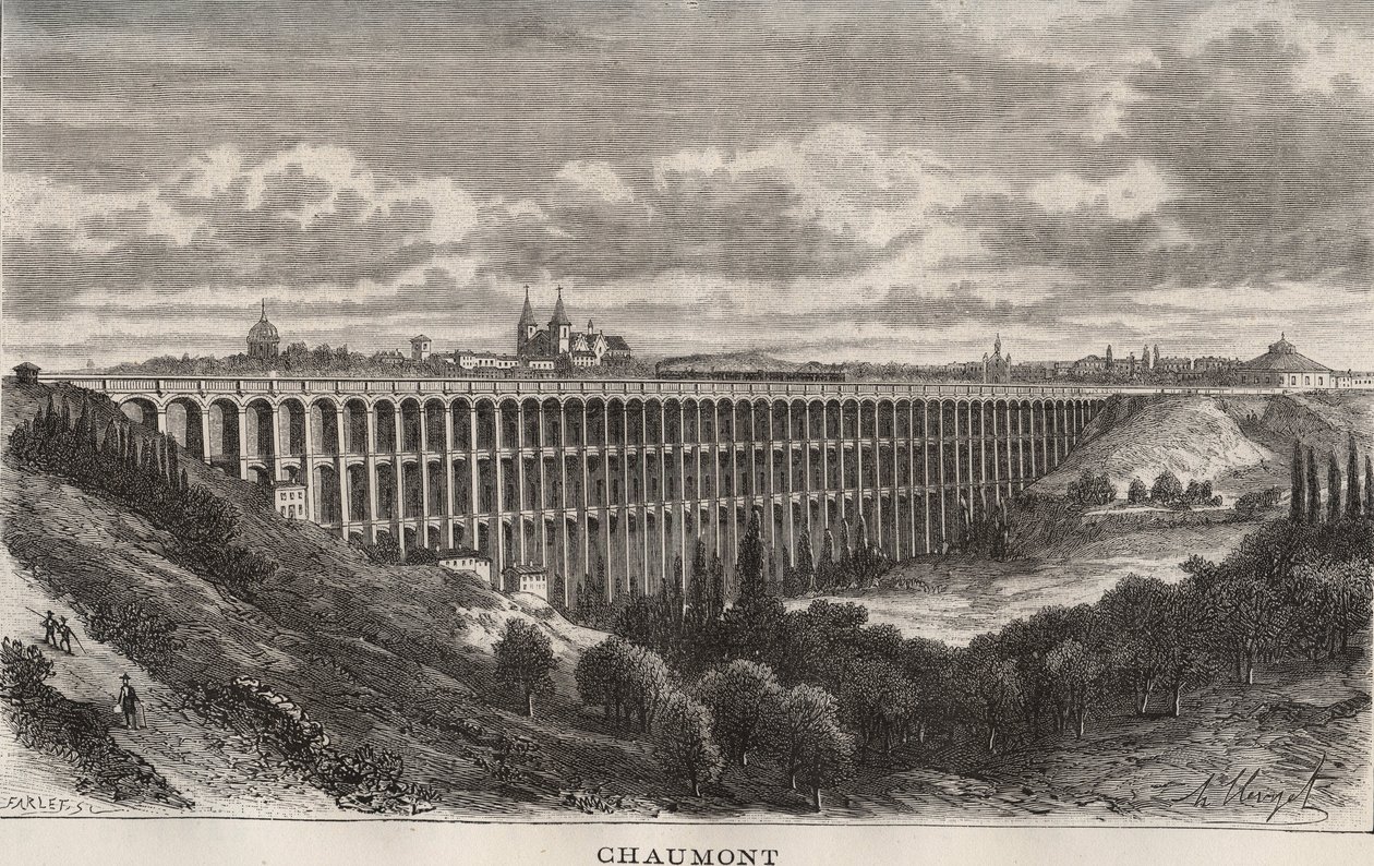 肖蒙--上马恩省--在V.A. Malt-Brown的 "La France illustree: geographie, histoire, administration statistique "中的雕刻，1884年。 作者 法语学校