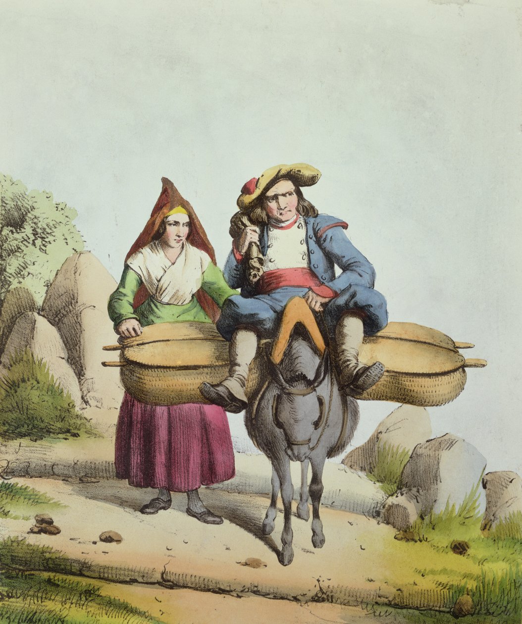 塔布地区的奶酪卖家，1840年（彩色雕刻） 作者 法语学校