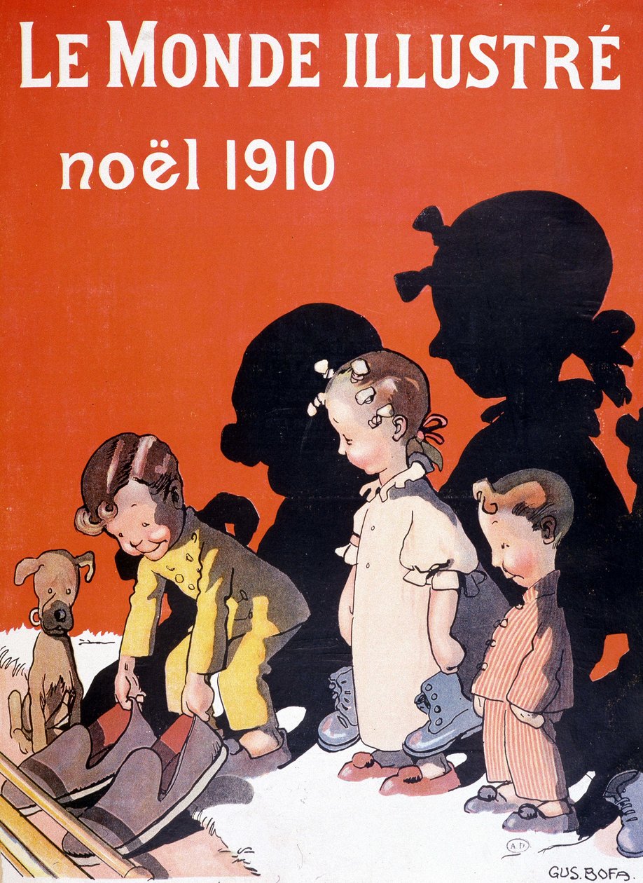 孩子们在壁炉前为圣诞老人丢鞋 - 在“Le Monde Ilustré”中 作者 法语学校
