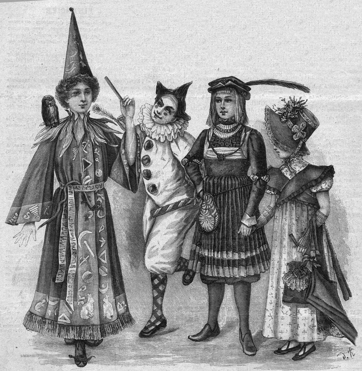儿童服装：女巫服装、小丑、页面和 "帝国"。1896年1月23日的 "La gazette du dimanche "上的雕刻。 作者 法语学校
