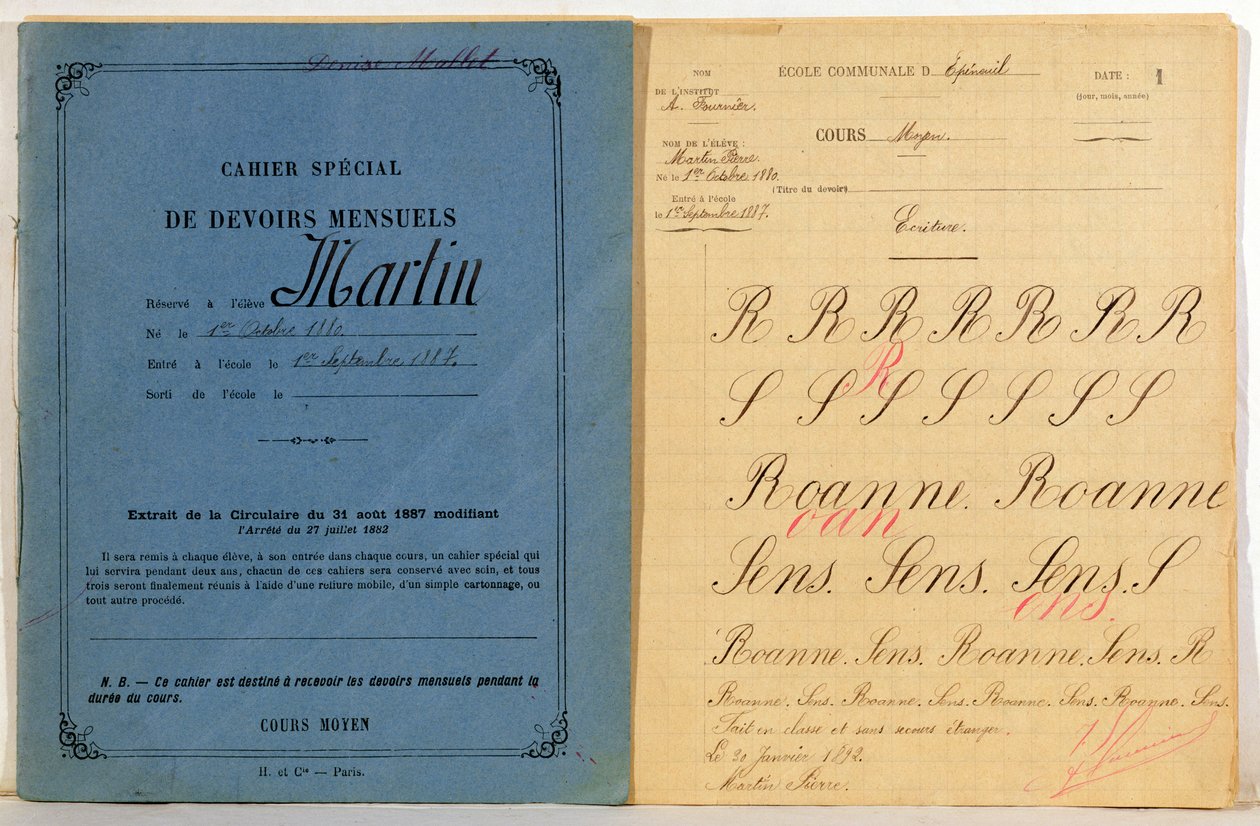 来自Epineuil学校的Childs练习册，1892年 作者 法语学校