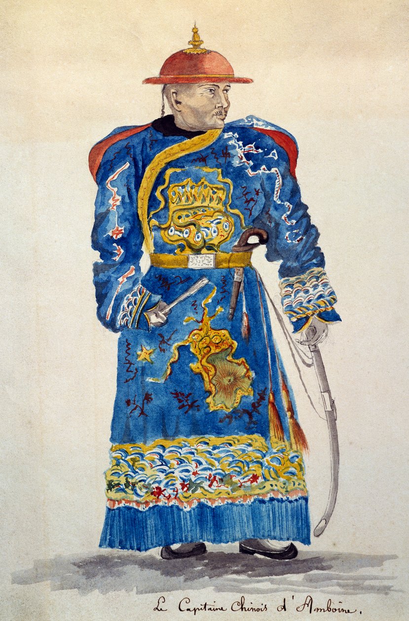 安汶的中国船长，摩鹿加群岛，儒勒-路易-勒让的水彩画，基于《环球航行》。 作者 法语学校