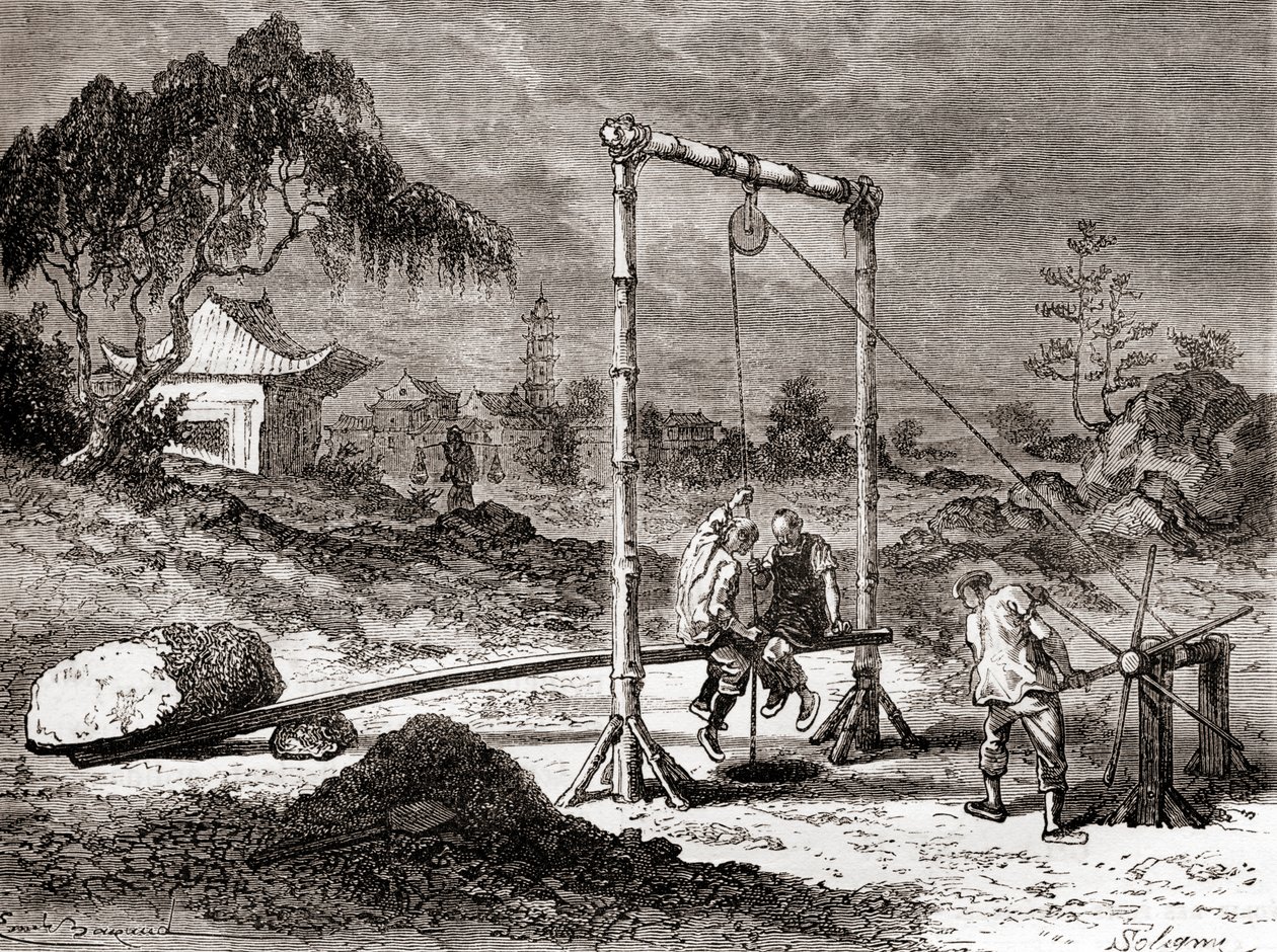 Chinese workers in the 19th century digging a well for the extraction of salt water, from 
