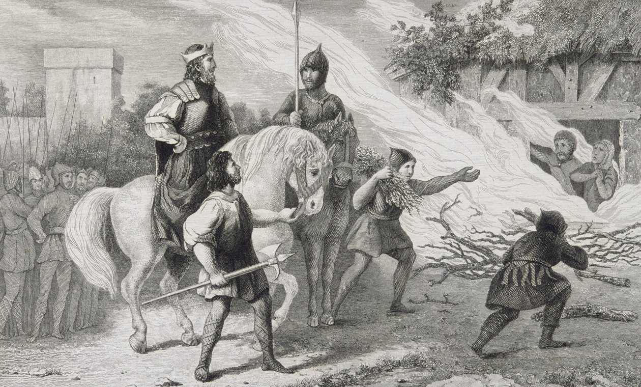 Chlotaire I（497-561）烧伤了他的叛逆儿子和家庭，来自Colart的“Histoire de France”，出版于1840年 作者 法语学校