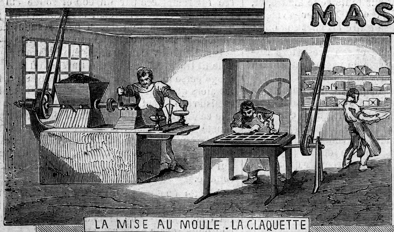 巧克力制造：称重和模具，水龙头。Usine de M. Masson, 巴黎 作者 法语学校