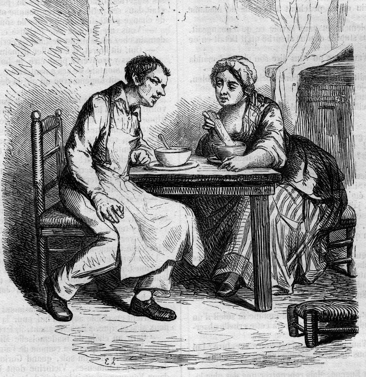 克里斯托夫和胖子西尔维：仆人在吃早餐。19世纪中期的雕版画。为Honore de Balzac (1799-1850)的 "The Father Goriot "插图。 作者 法语学校