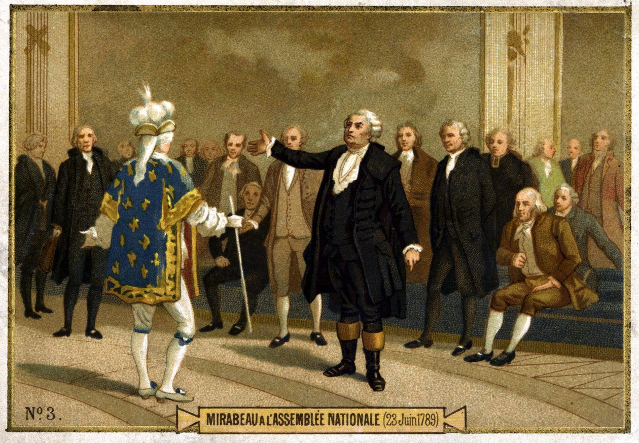 代表米拉波伯爵霍诺尔-加布里埃尔（Honore-Gabriel）Riqueti（1749-1791）于6月23日在国民议会的彩色石版画。 作者 法语学校