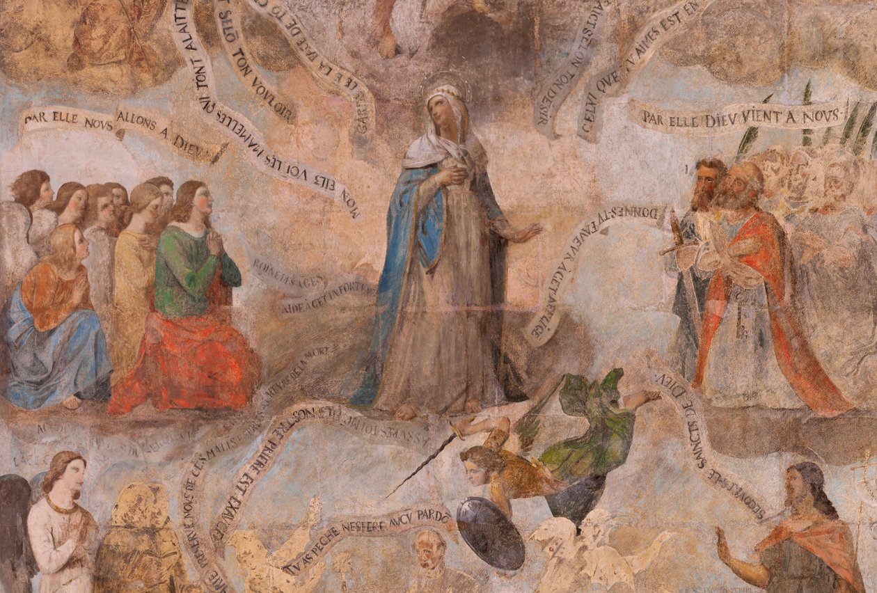 教堂（Eglise Saint-Jean-Baptiste）。 内部的。 圣弗西教堂。 壁画。 颂扬玛丽（被称为善死的壁画）。 17 世纪开始。 作者 法语学校