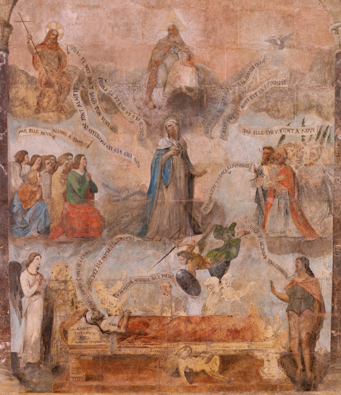 教堂（Eglise Saint-Jean-Baptiste）。 内部的。 圣弗西教堂。 壁画。 颂扬玛丽（被称为善死的壁画）。 17 世纪开始。 作者 法语学校