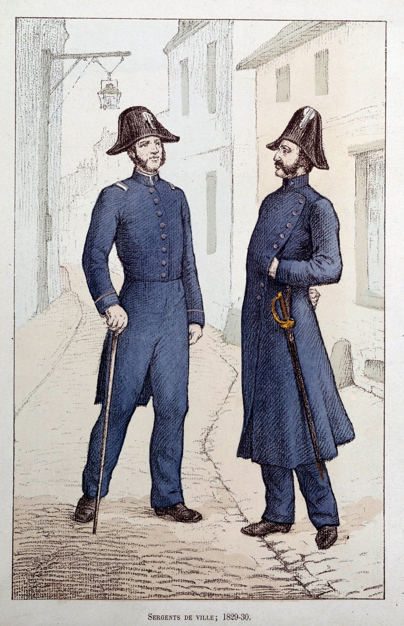 城市警长。两名执法官员在交谈。1829-1830年左右的石版画，巴黎警察总局 作者 法语学校