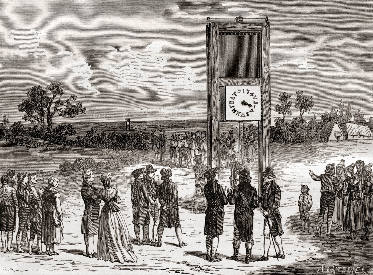 Claude Chappe 在 1791 年展示他的第一个空中电报系统，选自《科学的奇迹》，约 1870 年出版（雕刻）。 作者 法语学校