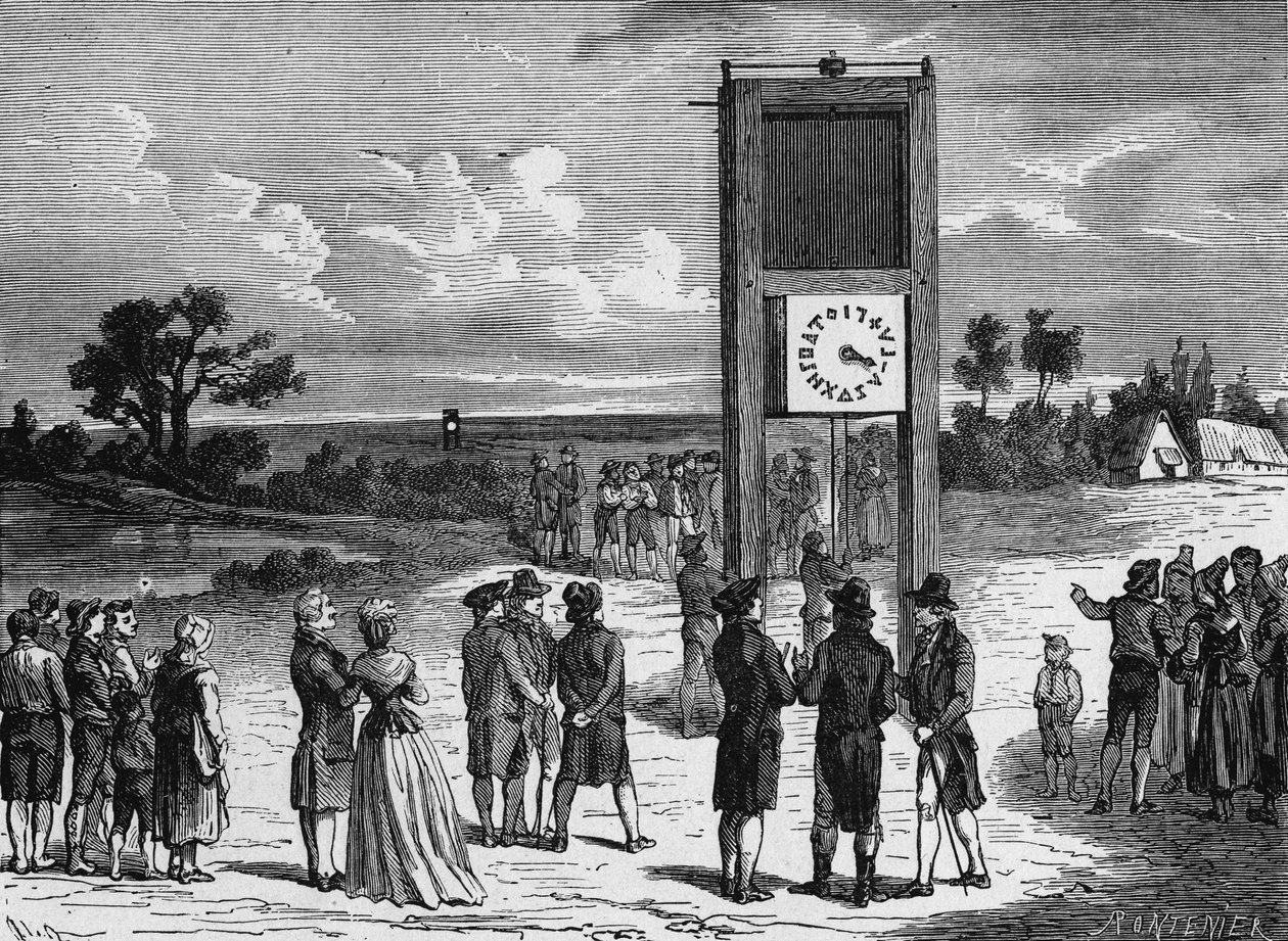 Claude Chappe experienced his first aerian telegraph in 1793 - in “Album de la Science; illustrious scholars; Grandes discoveries”” 1896. 作者 法语学校