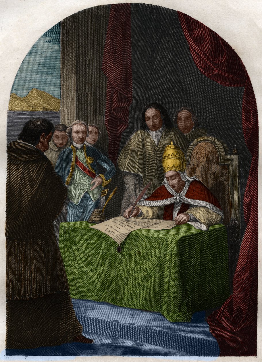克莱门特十四世（Clemente或Clemens）（1705-1774）于1773年7月21日废除了耶稣会。雕刻于1842年的《教皇的历史：犯罪、谋杀、中毒、弑父、通奸、乱伦......》，作者是莫里斯-拉夏尔。私人收藏。 作者 法语学校