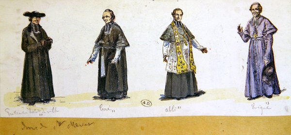 十九世纪法国的教士服装（彩色平版印刷）。 作者 法语学校