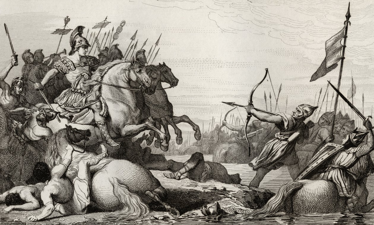 Clodion，The Hairy（c.428-47）在被Aetius击败之后撤退，从Colart的“Histoire de France”中脱颖而出，出版于1840年 作者 法语学校