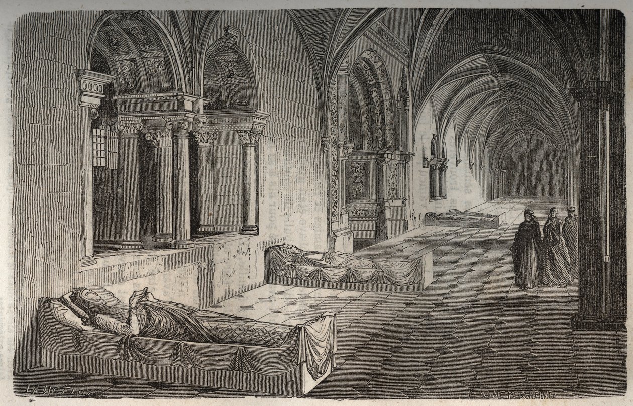 Cloitre de Fontevrault with statues of Henri II - Eleonore de Guyenne - engraving in “Histoire de France” by Victor Duruy (1811-1894) - 1882 作者 法语学校