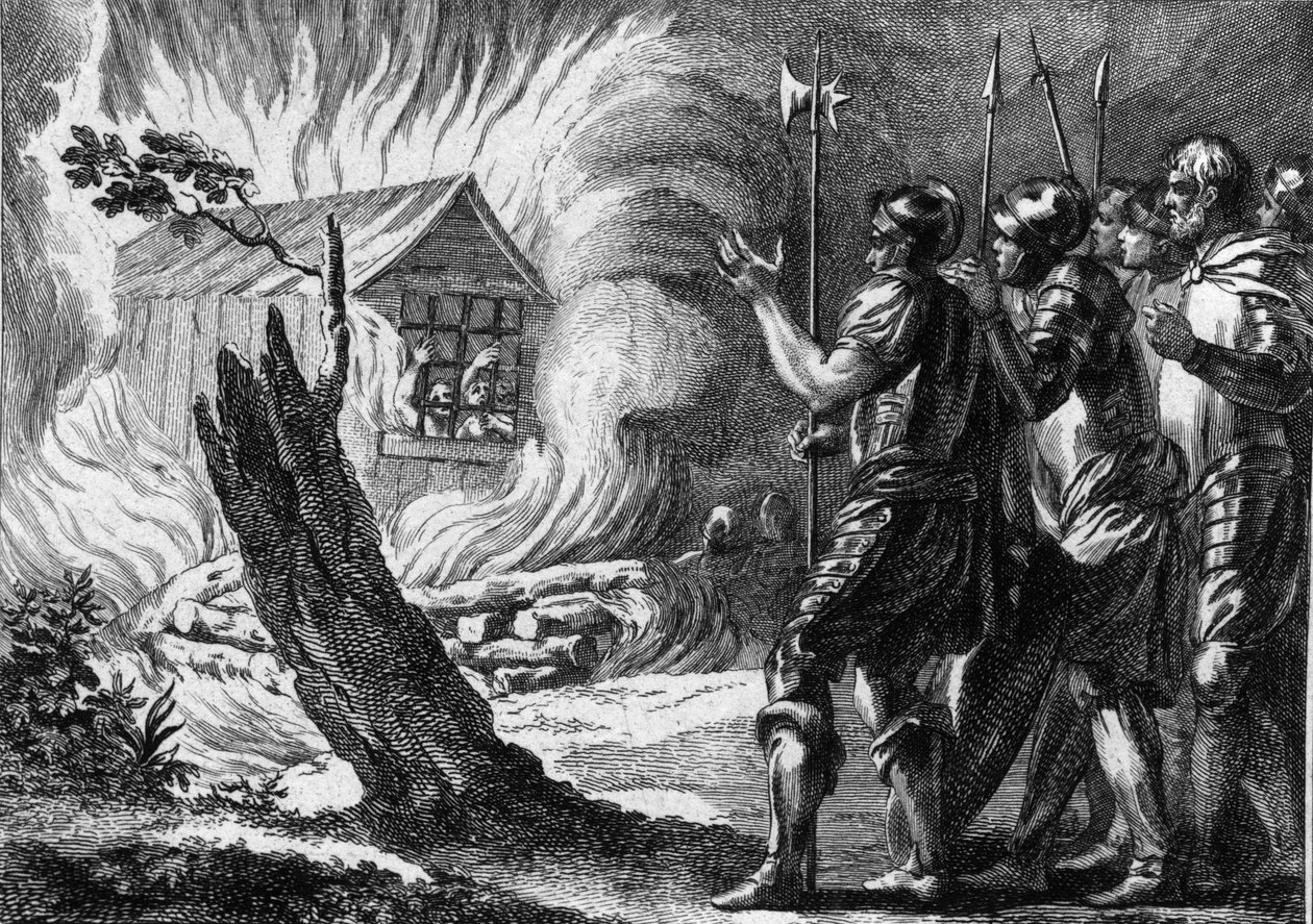 法兰克国王克洛泰尔（Clotaire）一世（497-561）将他的儿子Chramne烧死在一个小屋里，后者反抗他和他的家族。大约560年。18世纪的雕版画。 作者 法语学校