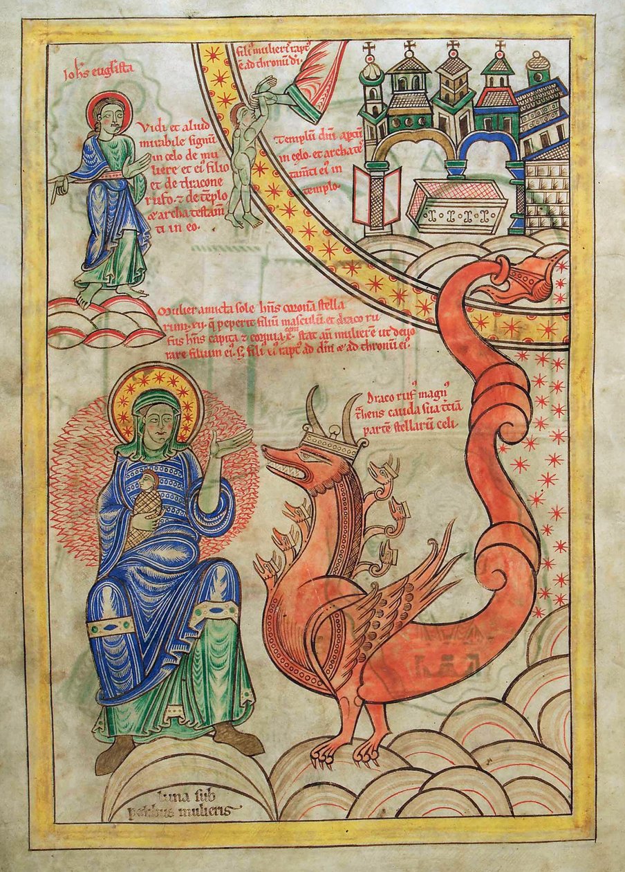 鳕鱼。 Guelf。 1 Gud。 LAT。 （14v），血色女人，憎恶之母与天启之兽会面，来自Liber Floridus by Lambert de Saint-Omer c.1120 作者 法语学校