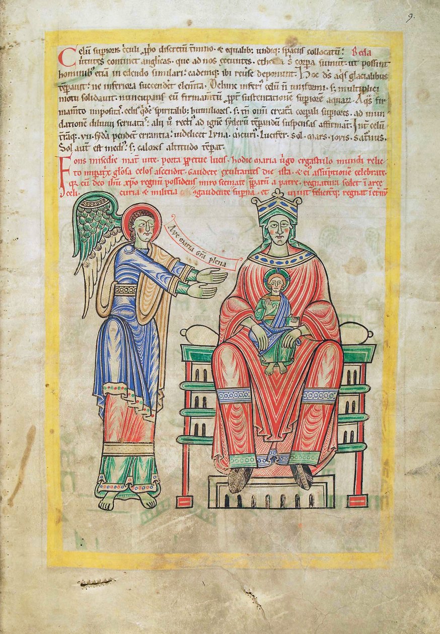 鳕鱼。圭尔夫。 1 Gud。 LAT。 （9r），麦当娜和儿童，来自Liber Floridus by Lambert de Saint-Omer c.1120 作者 法语学校