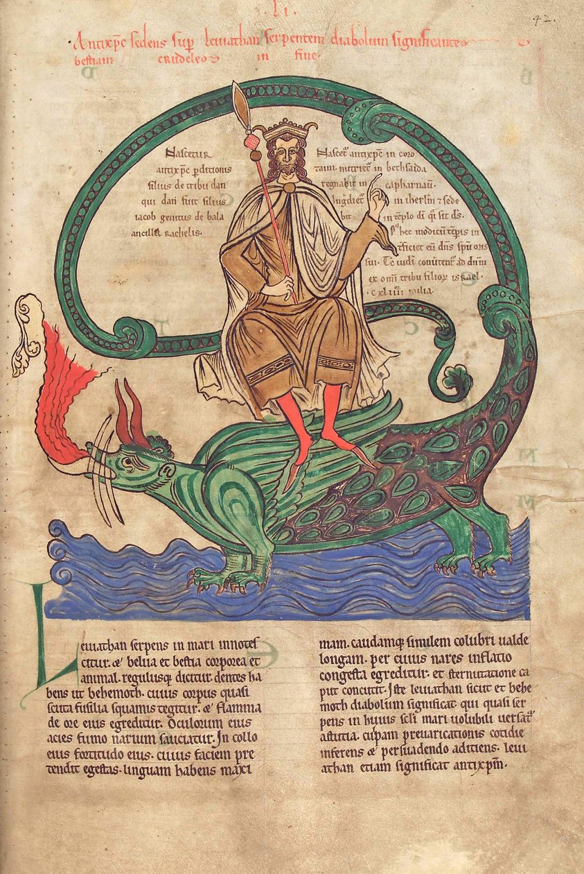 鳕鱼。圭尔夫。 1 Gud。 LAT。 42r，Antichrist骑Leviathan，来自Liber Floridus by Lambert de Saint-Omer c.1120 作者 法语学校