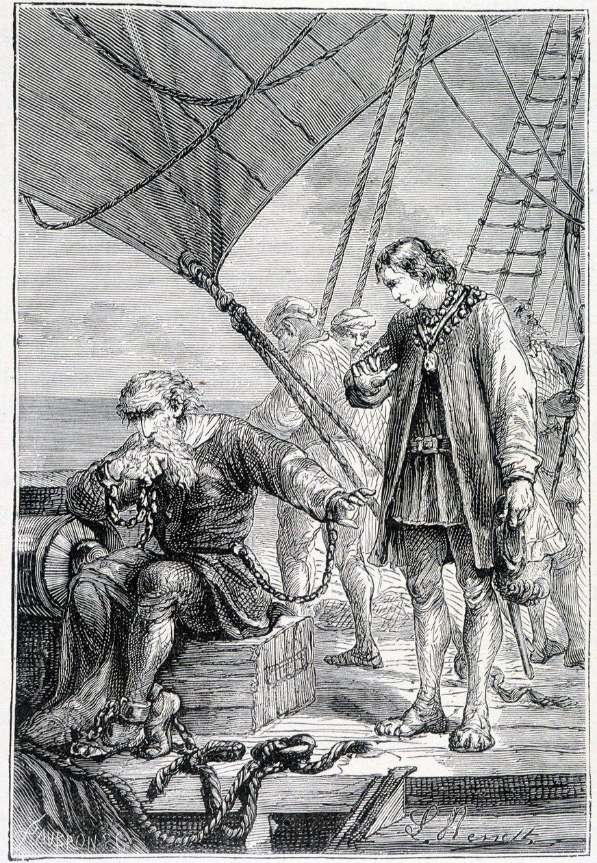 哥伦布被绑定为恶棍（在甲板上），生病了。 儒勒·凡尔纳 (Jules Verne) 编着的“Discovery de la Terre”。 黑泽尔，未注明日期 19 日。 作者 法语学校