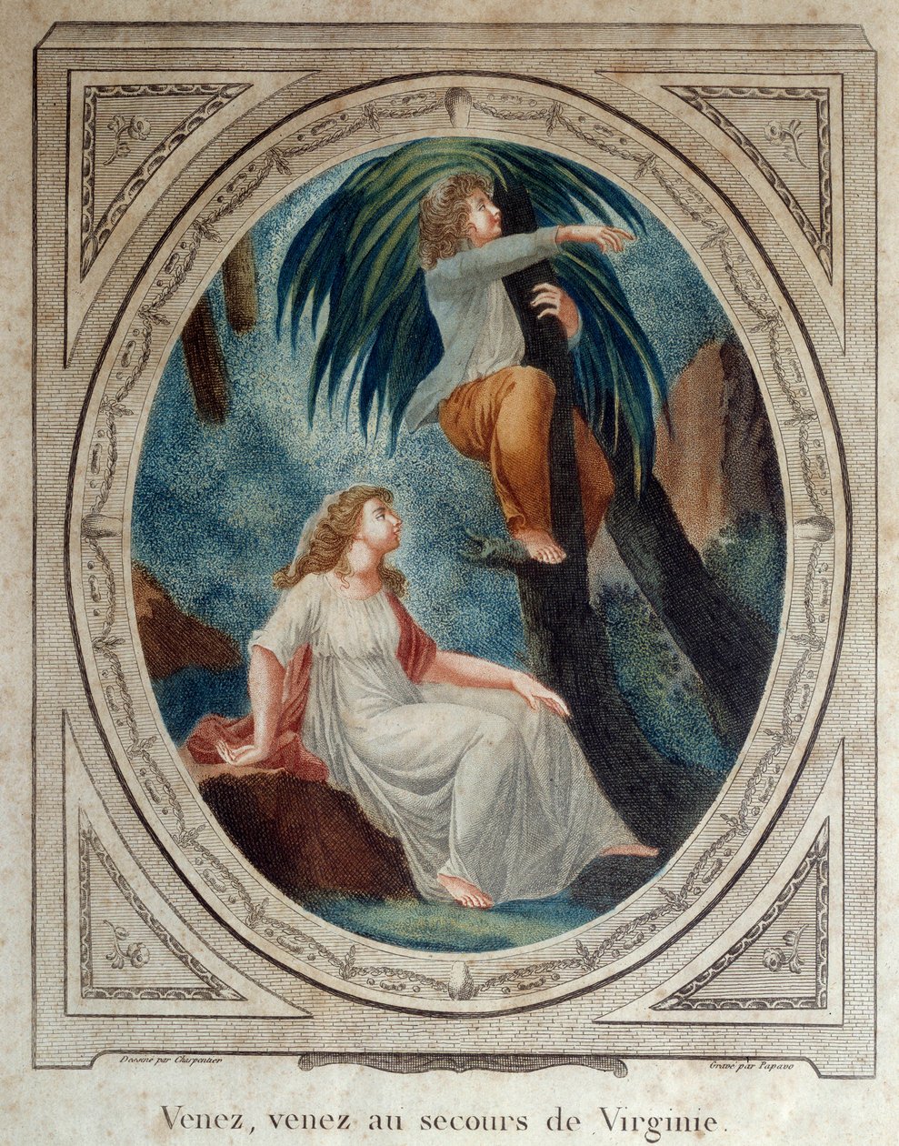 来吧，帮助弗吉尼亚。 Bernardin de Saint Pierre（1737-1814）的小说“保罗和维吉妮”插图。 1790 年雕刻。拉罗谢尔，新世界博物馆 作者 法语学校