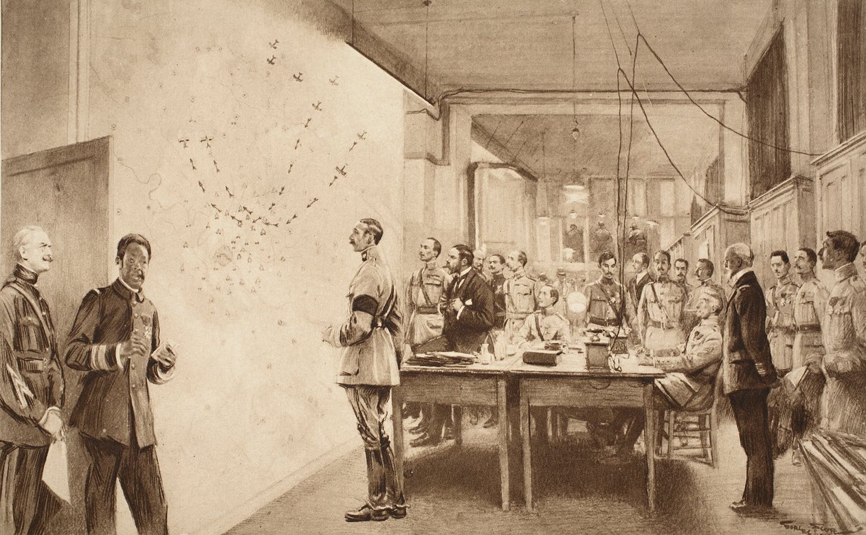 1914年至1919年，法国航空局的指挥官和工作人员标志着哥达袭击巴黎的进展 作者 法语学校