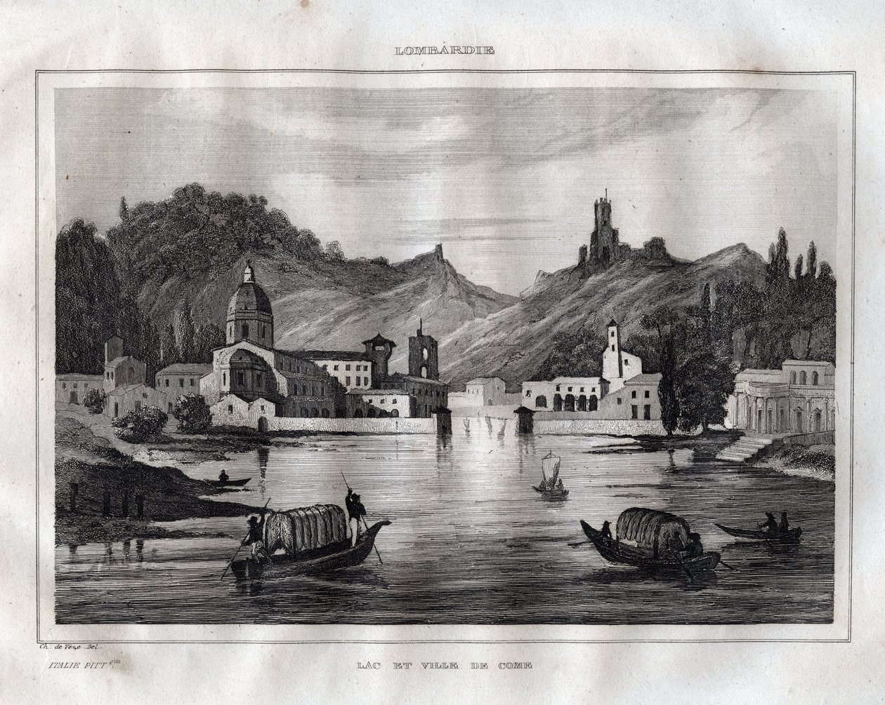 科莫--科莫湖--来湖--来自M. de Norvins, Ch. Nodier 1834-1836的 "意大利风景画 "的版画。 作者 法语学校