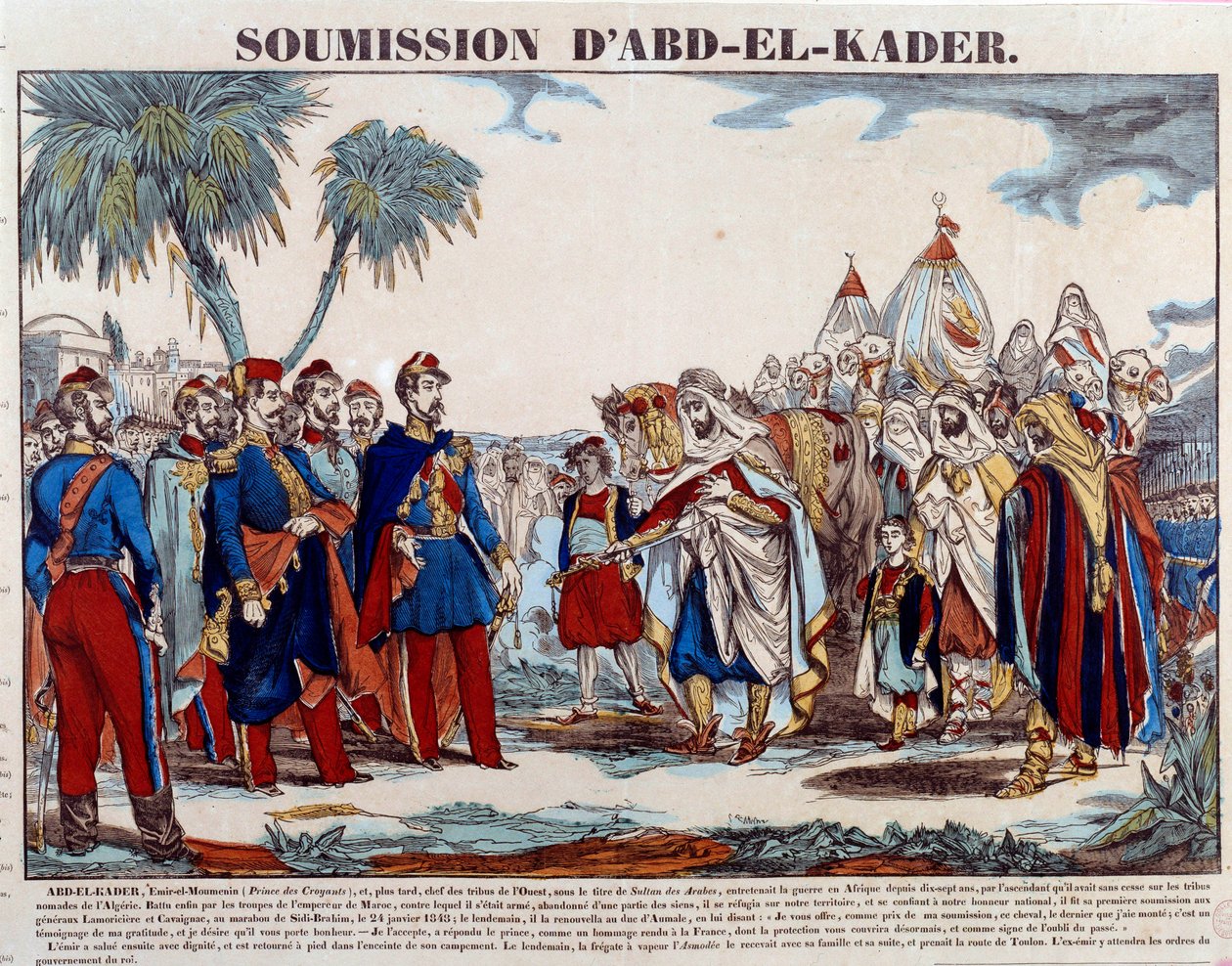 阿尔及利亚之战（1830-1847）：1848年1月24日，阿卜杜勒-卡德尔（Abd-el-Kader或ibn Muhyi al-Din al-Hasani）（1807-1883）向奥马勒公爵和法国军队投诚。19世纪末的雕版印刷品 私人收藏 作者 法语学校