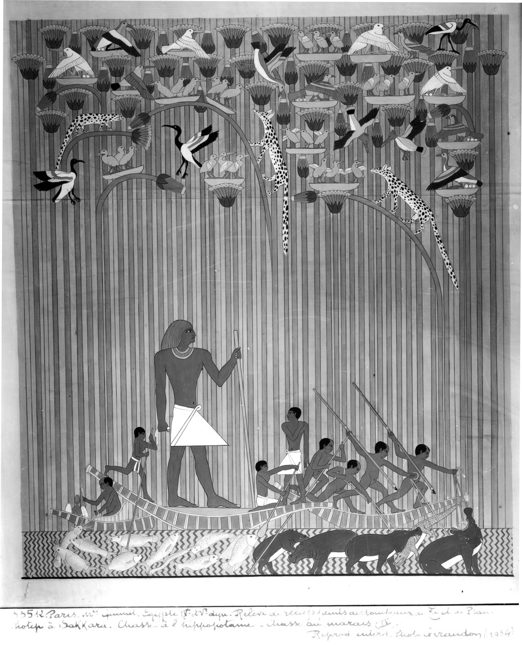 复制的埃及彩绘浮雕描绘钓鱼和Harpooning河马，从Tomb of Ti和Ptah-Hotep在Saqqara，第5王朝，古王国 作者 法语学校