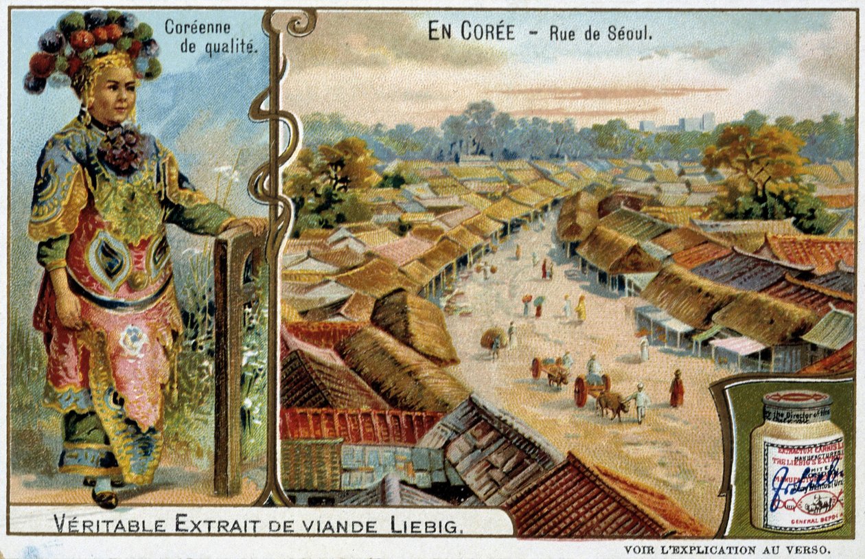Coree：首尔街和女性服装 - chromo Liébig, v.1900 作者 法语学校
