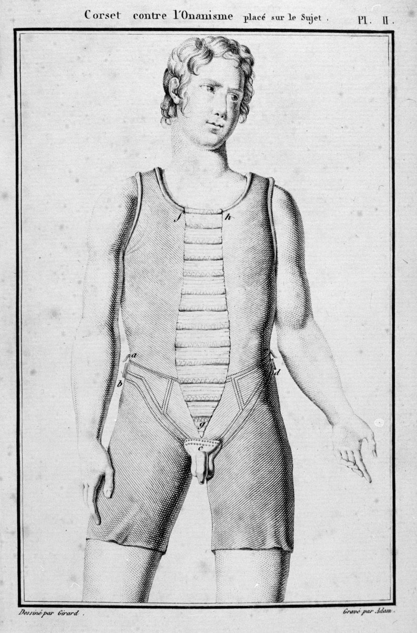 1815年出版的巴黎JBJ Thillaye的挤压绷带和装置的插图用来防止手淫 作者 法语学校