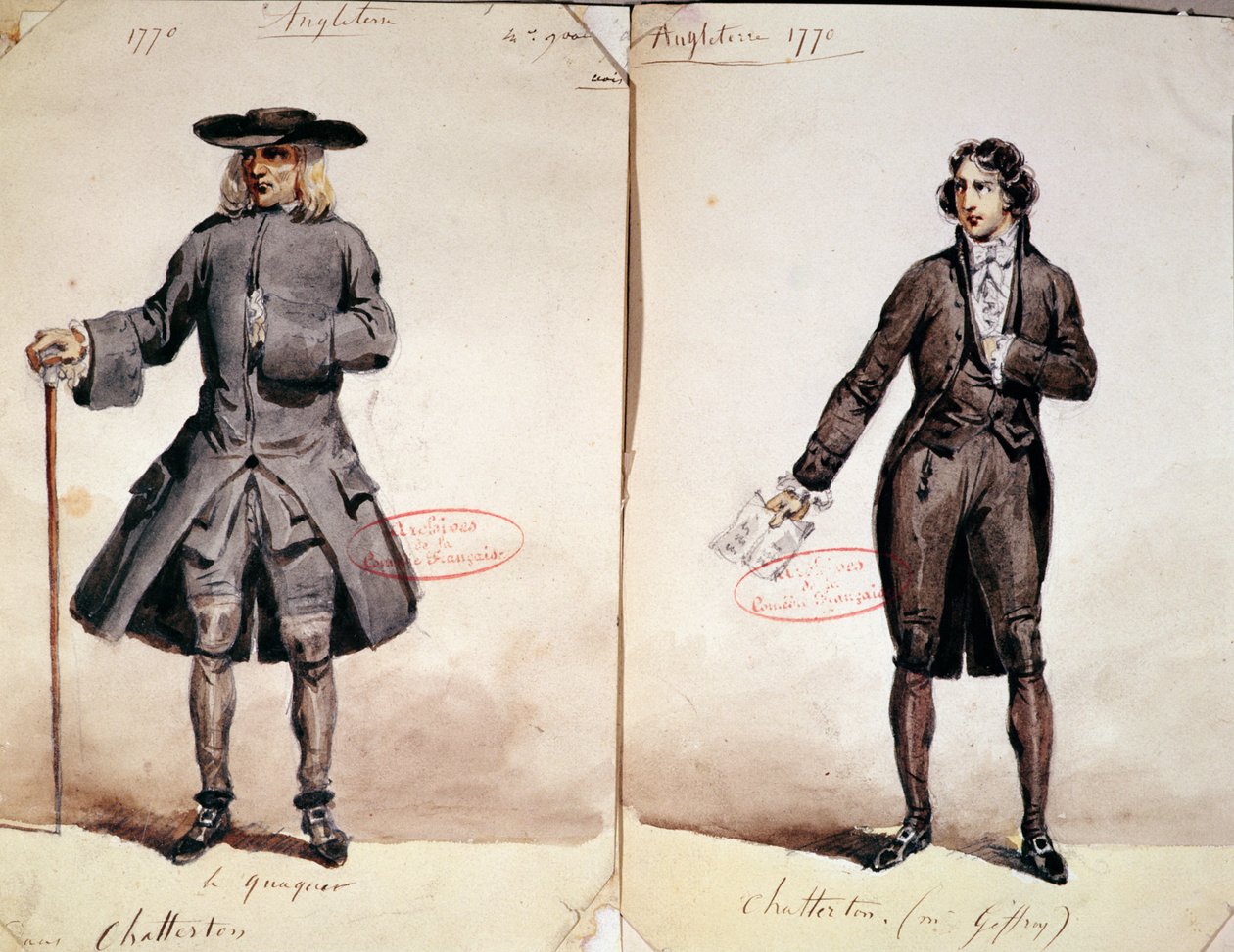 Alfred de Vigny（1791-1863）首次生产Chatterton的服装设计：Quaker和Geffroy饰演Chatterton，1835年（纸上写着） 作者 法语学校