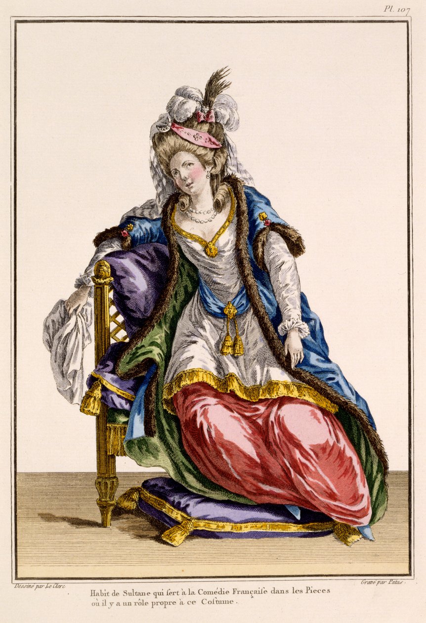 La Comedie Francaise的Sultans妻子的服装，由Patus制作的印刷品（手工雕刻） 作者 法语学校