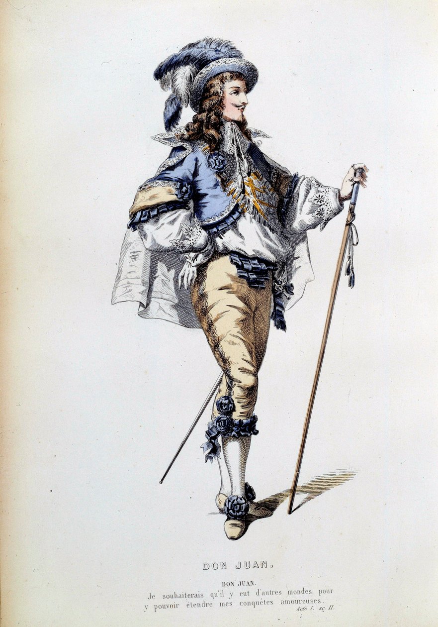 Jean Baptiste Poquelin dit Moliere (1622-1673)的同名作品第一幕第二场中的唐璜角色的服装。19世纪巴黎法国喜剧团的版画 作者 法语学校