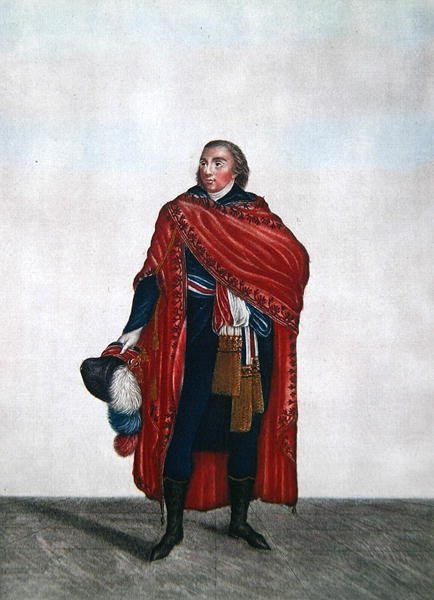 Directoire时期人民代表的服装，约1797年（彩色雕刻）。 作者 法语学校