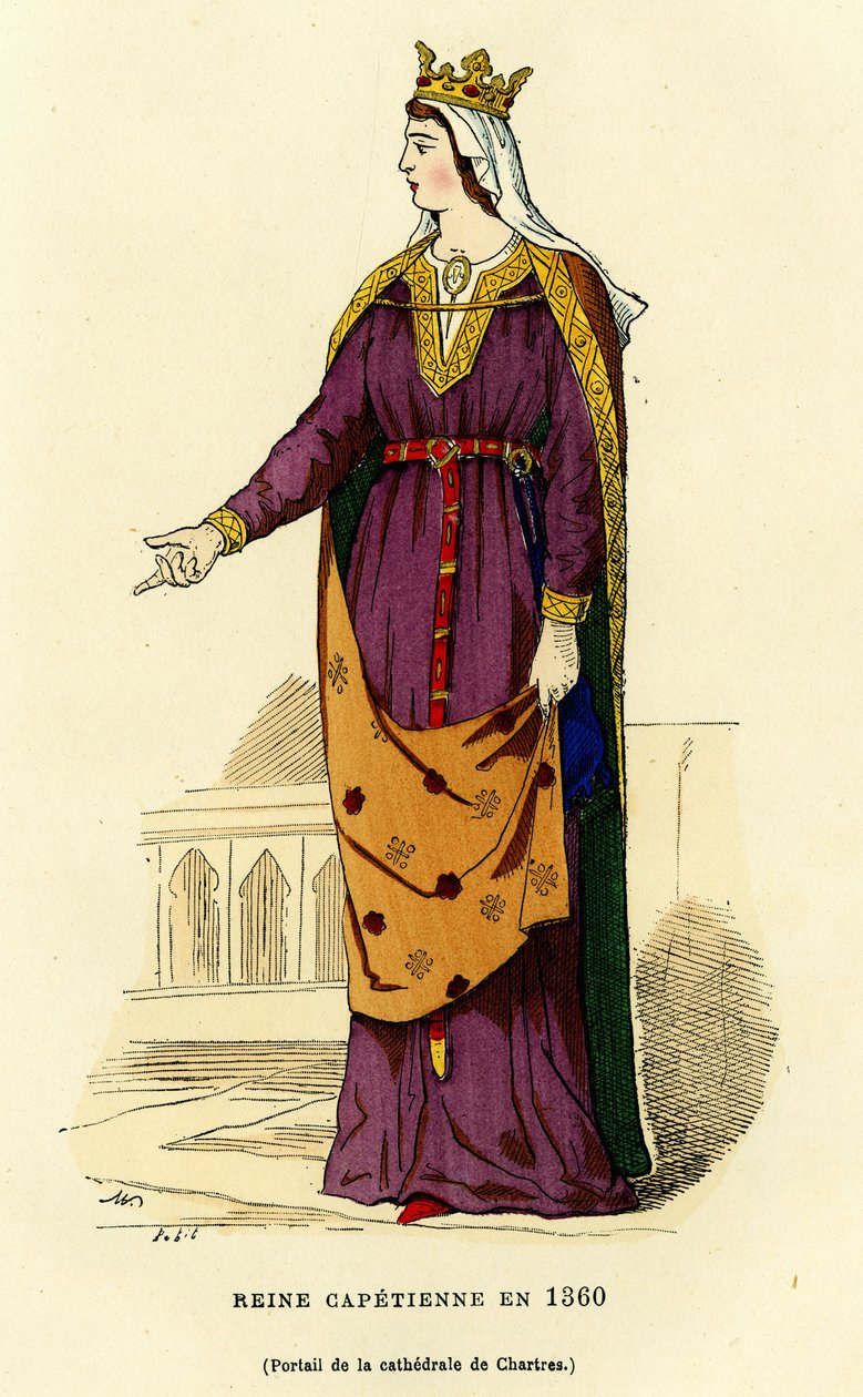 1360 年卡佩西亚王后的服饰，头戴金冠，头戴轻纱，轻纱部分遮住了她光滑的发型，胸前穿着敞开的衣襟（外套），衣襟由金链固定，长外衣在腰部用刺绣收紧。 作者 法语学校