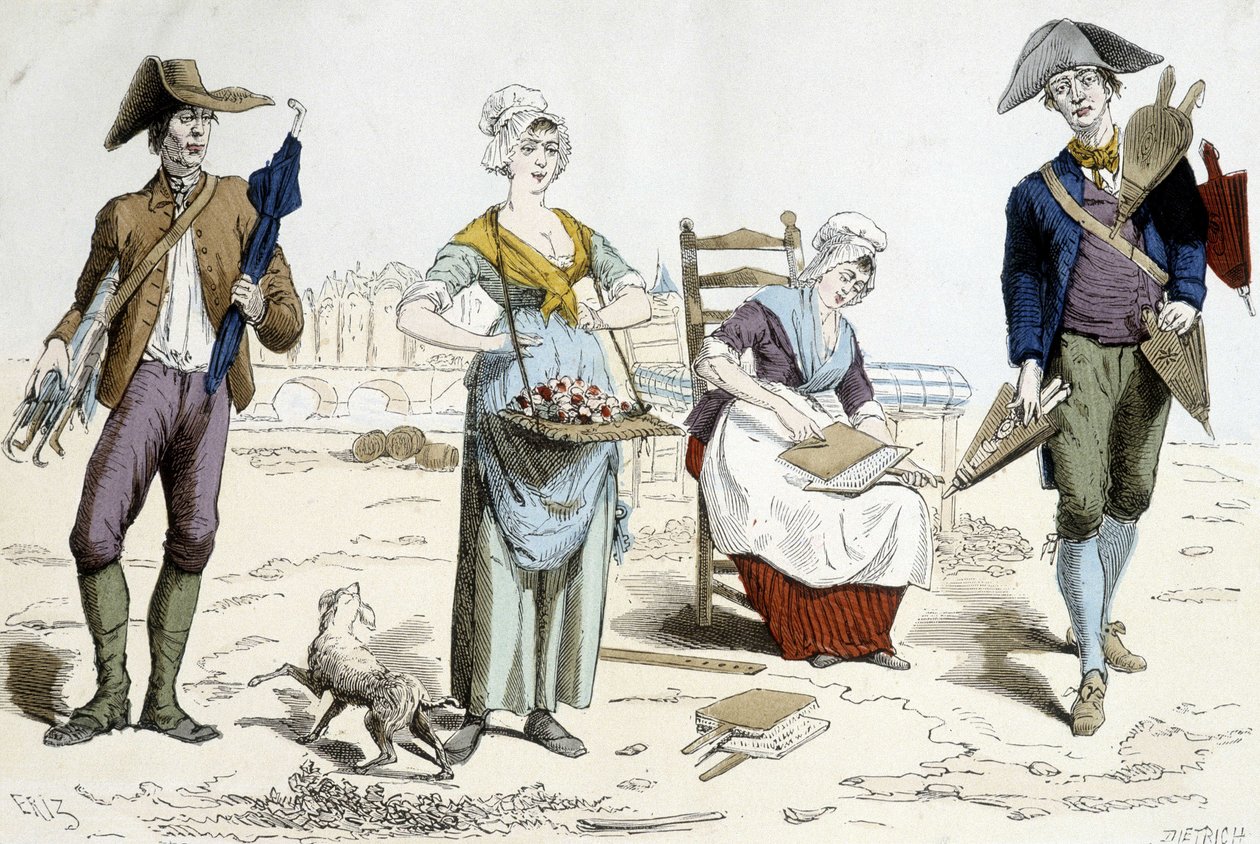 Costumes of Paris through the centuries. Illustration of 18th century clothing: merchant of umbrellas, flowers, mattress cardboard and bellows merchant. 作者 法语学校