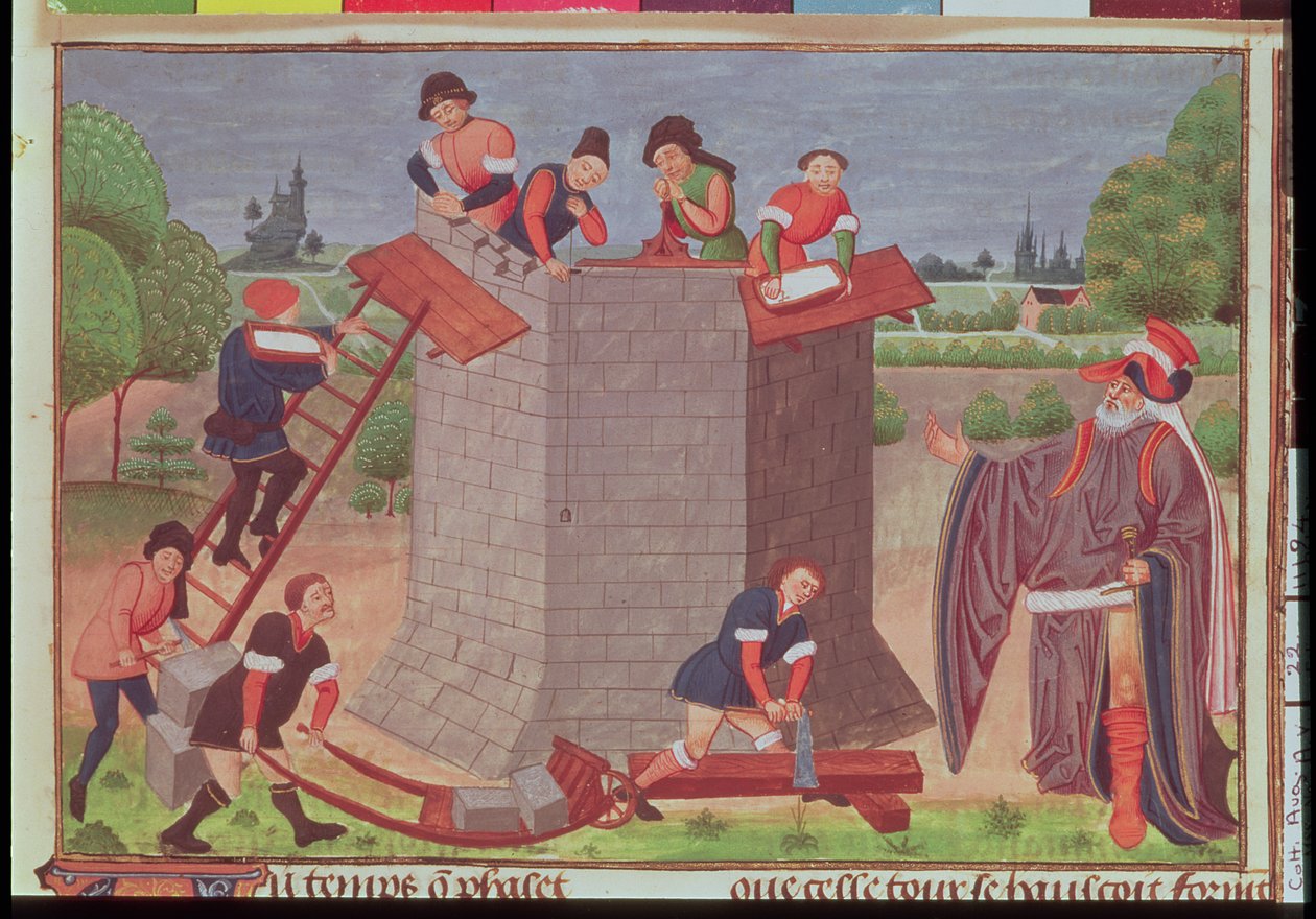Cott Aug V fol.22 《建造巴别塔》，《Le Tresor des Histoires》（牛皮纸）中的缩影 作者 法语学校