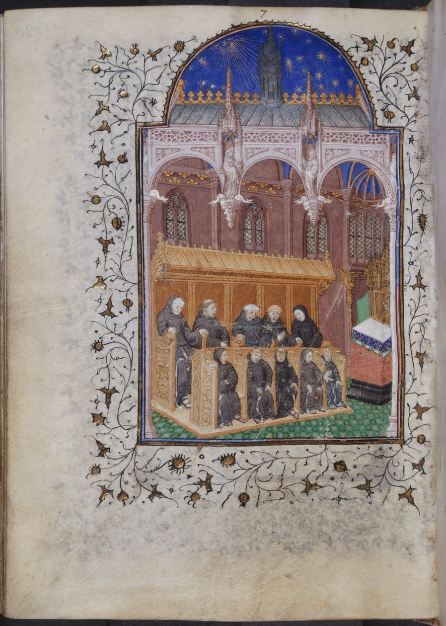 Cott Dom A XVII f.122v 黑色长袍修士在唱诗班歌唱，选自亨利六世诗篇，巴黎，约 1420 年（牛皮纸） 作者 法语学校