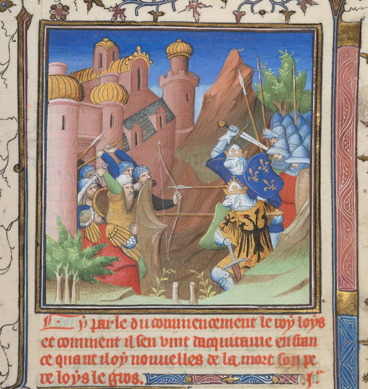 Cotton Nero E II pt.1，f.222，路易七世及其父亲之战，选自 Grandes Chroniques de France（《法兰西纪事》）。 作者 法语学校