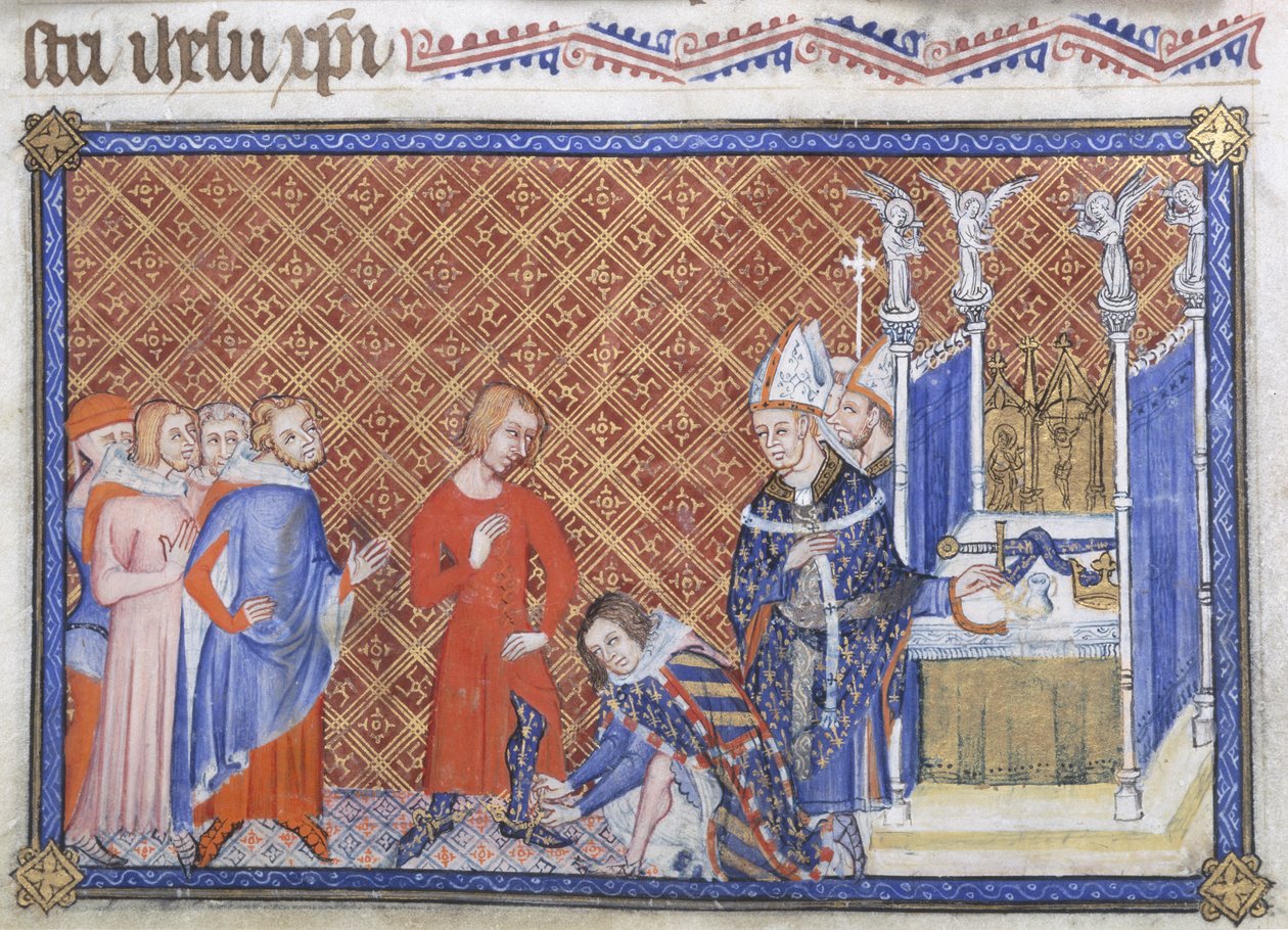 Cotton Tiberius B VIII f.48v 勃艮第公爵大胆腓力为国王查理五世披上马刺，插图选自 "加冕簿大师 作者 法语学校