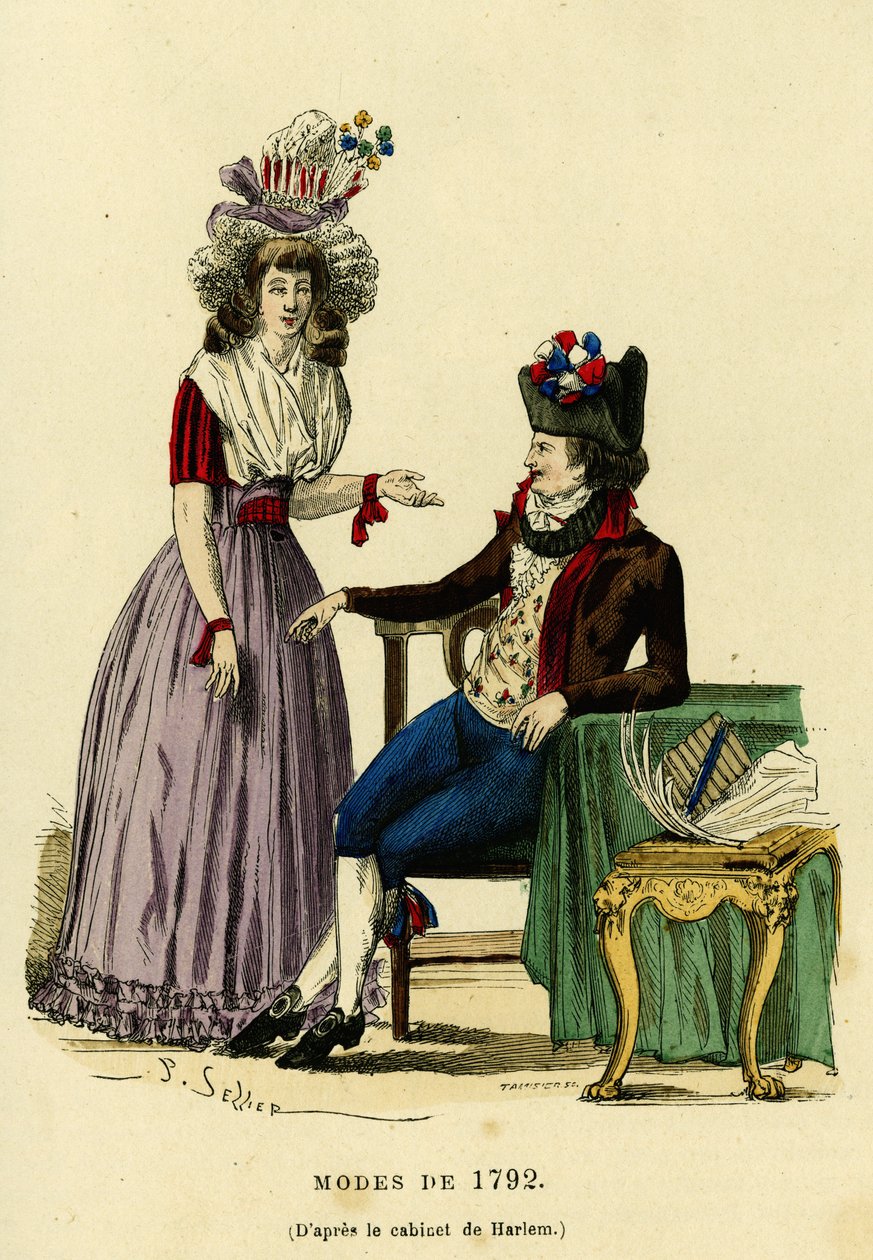 1792 年的时尚情侣。在绘制哈莱姆的橱柜后进行彩色雕刻，在“France et les francais a travers les siecles”中，Augustin Challamel，F.Roy 编辑，巴黎 1882。Selva 收藏。 作者 法语学校