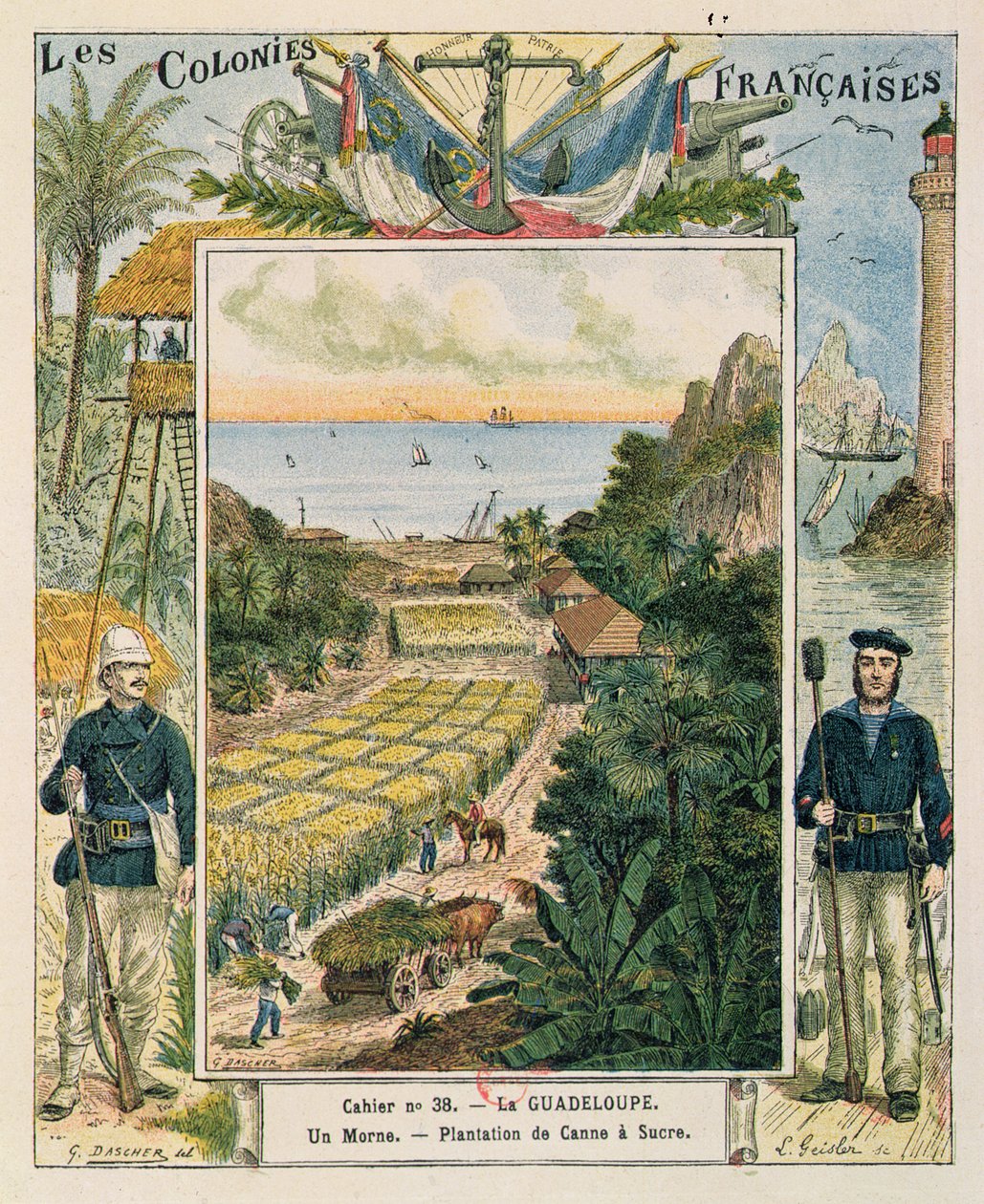 1892年在瓜德罗普岛描绘一个甘蔗种植园的学校练习册的封面 作者 法语学校