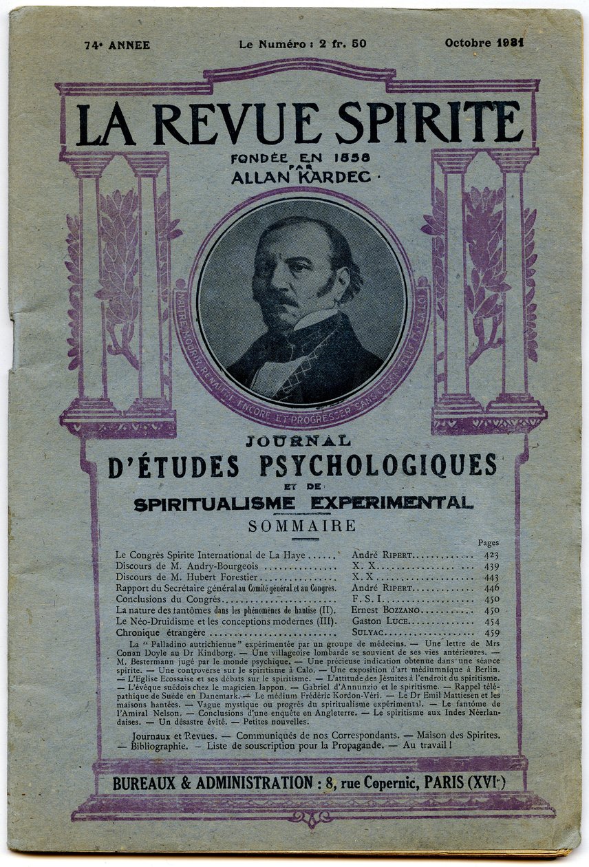 1931年10月杂志的创始人艾伦·卡德（Allan Kardec）的肖像印有“ La revue spirite”的字样 作者 法语学校